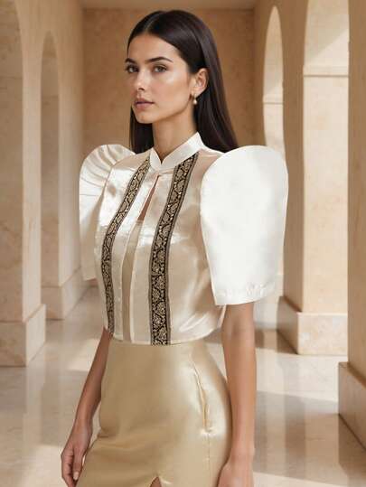 Amyenjoylife Modern Filipiniana Top,Butterfly Sleeves Filipiniana,Ladies' Elegant Print Bubble Sleeve Short Sleeved Shirt Top,Bolero Filipiniana For Women,Champagne Top