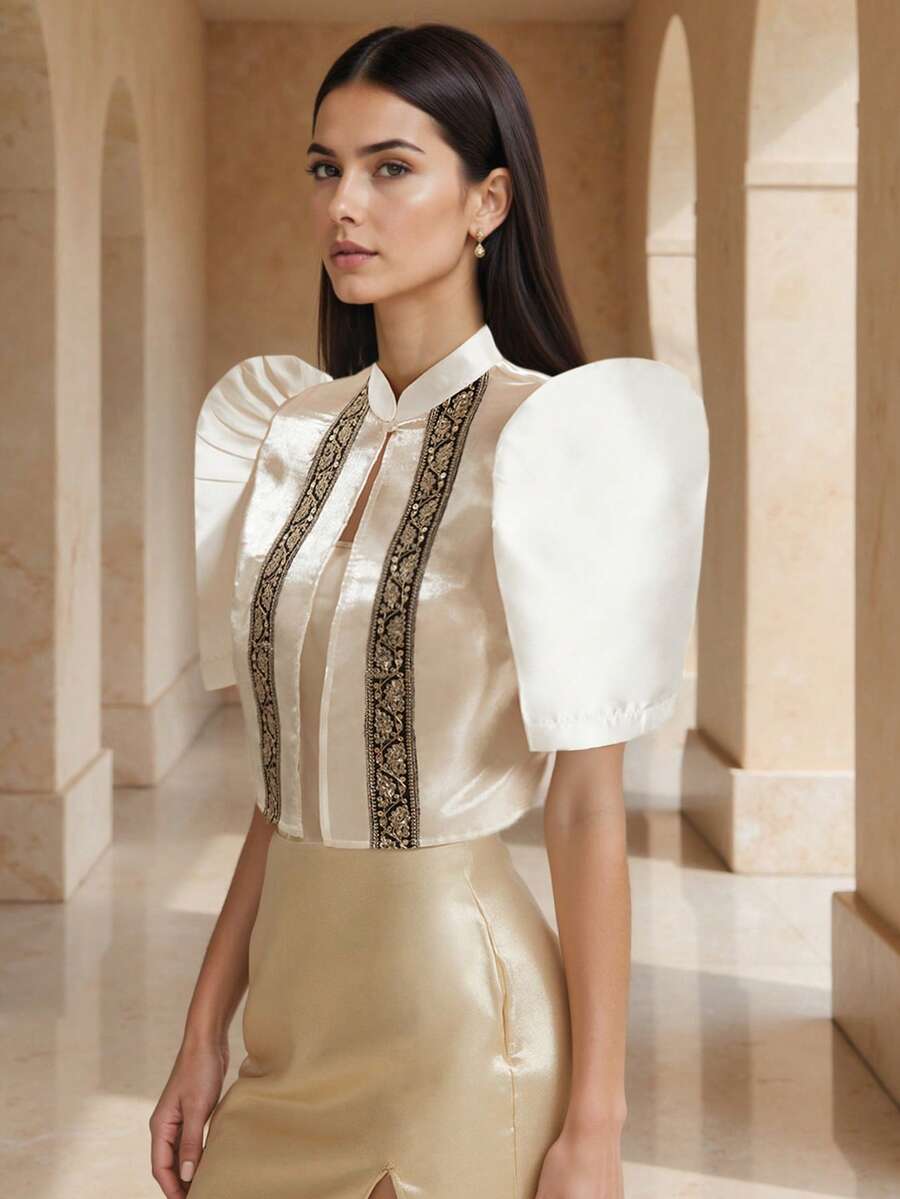 Amyenjoylife 现代菲律宾传统上衣，菲律宾传统蝴蝶袖上衣，女士优雅印花泡泡袖短袖衬衫上衣，女士波莱罗式菲律宾传统上衣，香槟色上衣 - 香檳色 - 查看 1