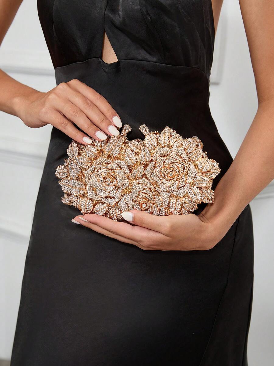Luxury Floral Design Golden Crystal Evening Clutch, Floral Crystal Handbag, Handmade Metal Rhinestone Rose Evening Clutch, Retro Sequin Clutch, Suitable For Weddings, Parties, Galas, Chain Shoulder Evening Clutch, Bridal Bag, Suitable For Weddings, Galas And Parties, Best Gift For Ladies - Hoa hồng vàng - Xem 1
