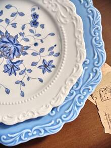 1 件原创蓝白浮雕纹理陶瓷餐具套装，创意厨房餐具，汤碗，面碗，独特设计盘子，牛排盘，沙拉盘，厨房用品，餐厅盘子 - 彩色 - 查看 12