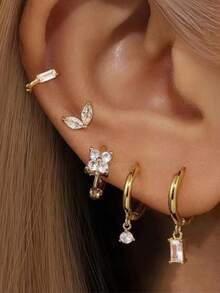 Set de 5 piezas de aretes elegantes para mujer, incrustados con circonita brillante - Aretes de aro dorado con trébol de cuatro hojas, adecuados para fiestas, festivales de música y uso diario