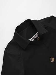 1pc 2025 Autumn/Winter New European & American Style Women's Long Wind Trench Coat, Raglan Sleeve, Lapel Collar, Contrast Plaid Pattern, Single-Breasted, Multi-Functional Casual Trench Coat, Casual Long Over-The-Knee Windbreaker Outerwear, Daily Home Outdoor Party Holiday Commute Office - Black - View 8