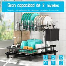 Escurridor de Trastes de 2 Niveles de Acero Inoxidable para Cocina, Escurreplatos con Bandeja de Drenaje, Soporte para Utensilios, Tabla de Cortar y Estante para Tazas, Fácil de Instalar y Limpiar - Negro - Ver 3