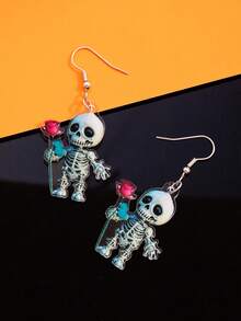 1 Pair Cute & Funny Acrylic Skeleton With Rose Flower Earrings, Suitable For Halloween Wear