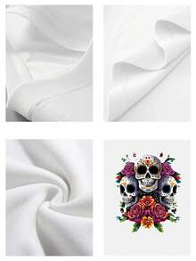 220g pure cotton women's casual T shirts thick and comfortable Dia de los Muertos colorful sugar skulls roses graphic tee - Blanco - Ver 4