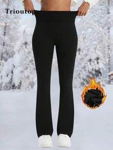 Trioutop Winter Wide Leg Pants, Women's Classic Elastic Waist Flare Trousers, Versatile Fall Casual For Travel, Winter Pants, Winter Leggings, Winter Bottoms - Black - View 5