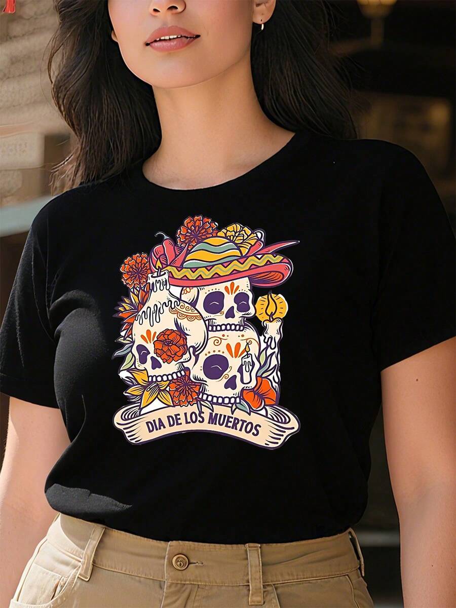 220g pure cotton women's casual T shirts thick and comfortable T shirt with Dia de los Muertos skulls flowers candle pattern - Negro - Ver 1