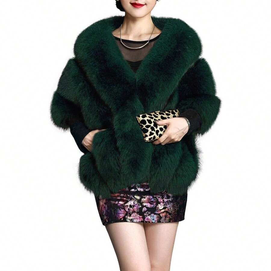 Women's Luxury Party Faux Fox Fur Long Shawl Cloak Cape For Winter Faux Fur Collar Scarf - A-深綠色 - 查看 1