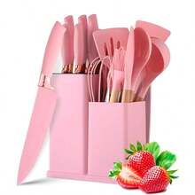 19-Piece Silicone Kitchen Utensil Set With Heat-Resistant Wooden Handles - Premium Non-Stick Utensil Set - Rosa Pálido - Ver 1