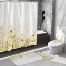 4 piezas Juego de baño con estampado floral amarillo, incluye alfombra antideslizante, tapa de inodoro, tapete de baño, cortina de ducha impermeable con 12 ganchos de plástico, decoración de baño, decoración del hogar, decoración navideña