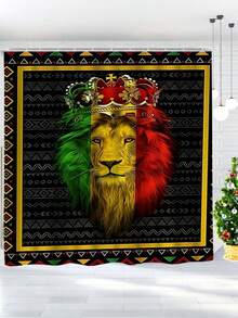 4 pièces Ensemble de salle de bain avec imprimé géométrique couronne et lion, rideau de douche imperméable avec crochets, tapis en U, housse de siège de toilette, tapis en L, accessoires de salle de bain, décoration de salle de bain, décoration de Noël