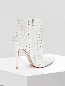 Zzheels Women Stylish Rhinestone Ankle Boots Closed Pointed Toe 4.72" Stiletto Heel Sparkly Crystals Booties For Autumn Wear - trắng - Xem 4