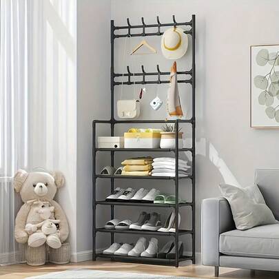 Multi Functional Shoe And Jacket Metal Frame -60cm, Detachable Hooks, Multiple Layers, Free Standing Storage For Homes And Apartments
