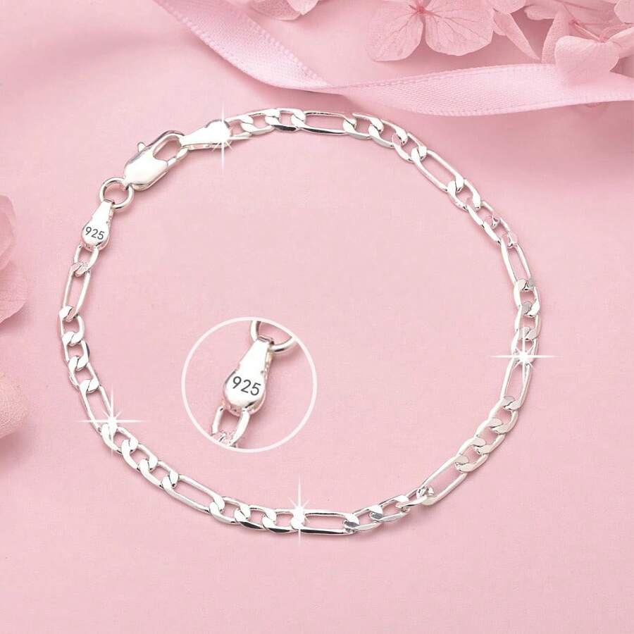1条925镀银费加罗链手链，时尚首饰，女士礼物，适合婚礼、派对、圣诞节、生日等场合。 - 銀色 - 查看 1