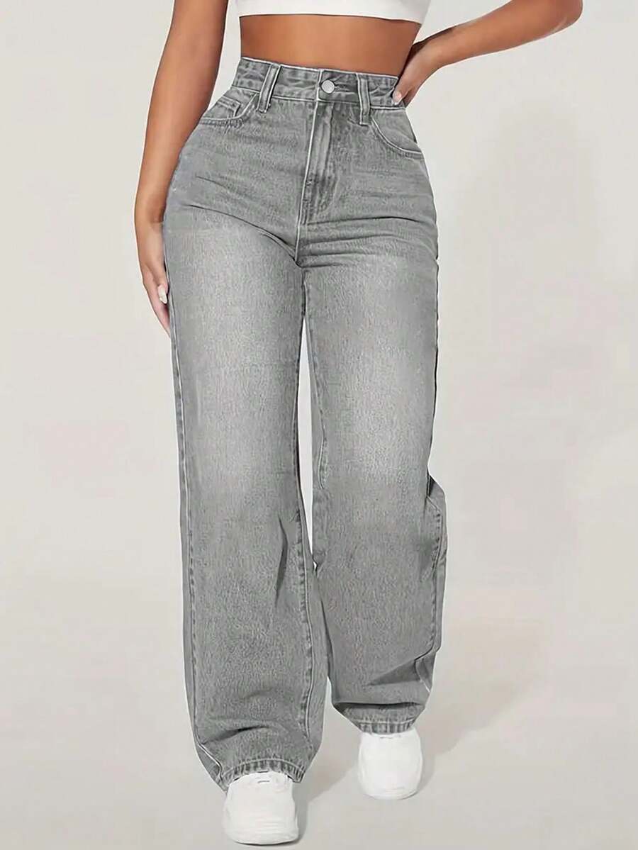 Teens' Loose Straight Leg Distressed Casual Jeans, Slim Straight Leg Jeans - Grey - View 1