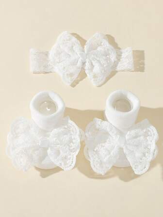 1套秋冬特大蕾丝刺绣甜美可爱蝴蝶结防滑袖口蕾丝公主袜+蝴蝶结头带，适合满月、节日、生日礼物