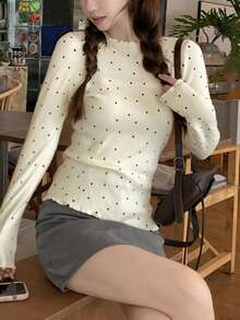 Autumn/Winter Korean Style Polka Dot Frill Trim Crew Neck Long Sleeve Knit Sweater Top (Random Polka Dot) - Apricot - View 3