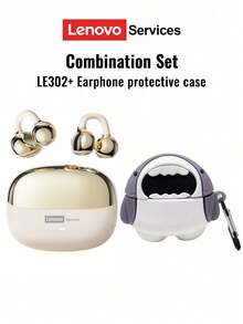 Lenovo 联想 LE302 蓝牙耳机带保护套，耳挂式开放式环绕声，高保真音频，低延迟，音乐和游戏，定向传输，ENC 降噪，通话清晰，无线耳塞 - 多色+鯊魚保護套 - 查看 12