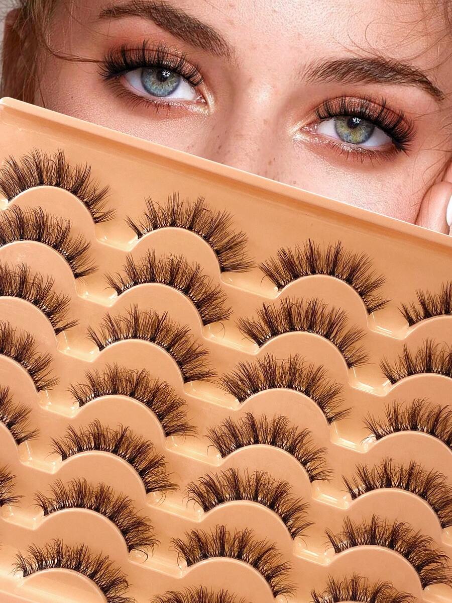 ENCHUW 14 Pairs Lashes 3D Clear Band Lashes Natural Look Wispy Faux Mink Eyelashes Fluffy Curl Cat Eye Fake Eyelashes - Black - View 1