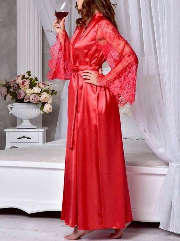 1 Peça - Robe Sexy Vestível, Roupão, Roupa de Dormir, Camisola Longa de Cetim e Renda de Manga Longa para Mulheres, Presente de Natal/Dia dos Namorados (Estilos Enviados Aleatoriamente), Essencial para Férias, Outono, Ação de Graças, Natal, Carnaval, Dia Nacional, Dia da Independência (Estilos Enviados Aleatoriamente) - Vermelho - Visão 4