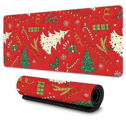 1PC Christmas Warm Glitter Red Xmas Tree & Snowflake Festive Pattern Extra Large Soft Rubber Desk Mat | Non-Slip Base, Stain-Resistant & Quick-Dry For Comfortable Office Work, Marathon Gaming, Christmas Family Dining Table & Holiday Gift Wrapping Desk, Cozy Warm Candlelit Christmas Vibe Desktop Decor, Essential Christmas Home Accessory & Perfect Holiday Gift For Home Bakers, Gift Wrappers & Gaming Enthusiasts
