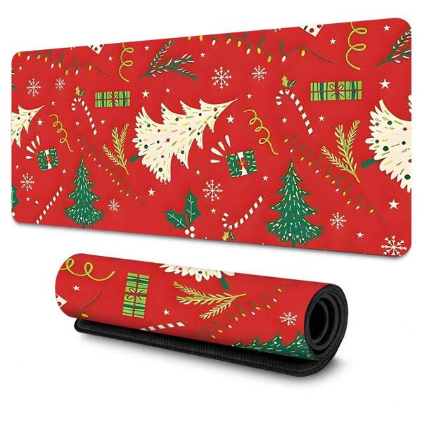 1PC Christmas Warm Glitter Red Xmas Tree & Snowflake Festive Pattern Extra Large Soft Rubber Desk Mat | Non-Slip Base, Stain-Resistant & Quick-Dry For Comfortable Office Work, Marathon Gaming, Christmas Family Dining Table & Holiday Gift Wrapping Desk, Cozy Warm Candlelit Christmas Vibe Desktop Decor, Essential Christmas Home Accessory & Perfect Holiday Gift For Home Bakers, Gift Wrappers & Gaming Enthusiasts