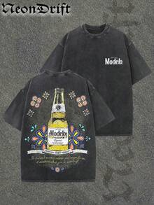 NeonDrift Double-Sided Printing Halloween, Christmas, Thanksgiving Gifts-Neon Drift Mexican Beer Bottle Graphic T-Shirt – Vintage Floral Design, Bold Colorful Print, Casual Streetwear Style For Men – Perfect For Festivals, Summer Outings & Daily Wear - 黑色 - 查看 1