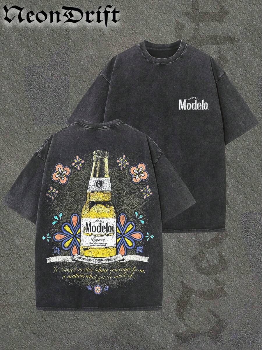 NeonDrift Double-Sided Printing Halloween, Christmas, Thanksgiving Gifts-Neon Drift Mexican Beer Bottle Graphic T-Shirt – Vintage Floral Design, Bold Colorful Print, Casual Streetwear Style For Men – Perfect For Festivals, Summer Outings & Daily Wear - 黑色 - 查看 1