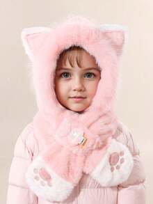 1 件装儿童可爱猫耳朵保暖冬季毛绒护耳脖帽带猫爪刺绣，一体式帽子围巾套装