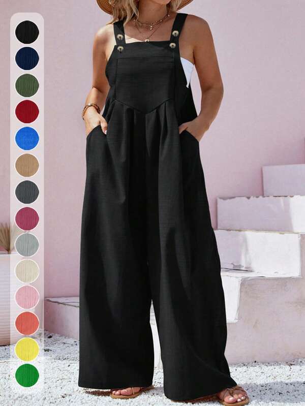 Plus Size Solid Color Sleeveless Overall With Pockets, Fall&Winter,Black