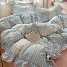 [2025 New Design]Blue White Plaid Bow Duvet Cover Set, Floral Pink Ruffle Bedding, 3Pcs (1 Duvet Cover + 2 Pillowcases, No Inserts) For Women, Single And Double Size, Pillowcase Pattern Random Cut - 藍色 - 查看 7