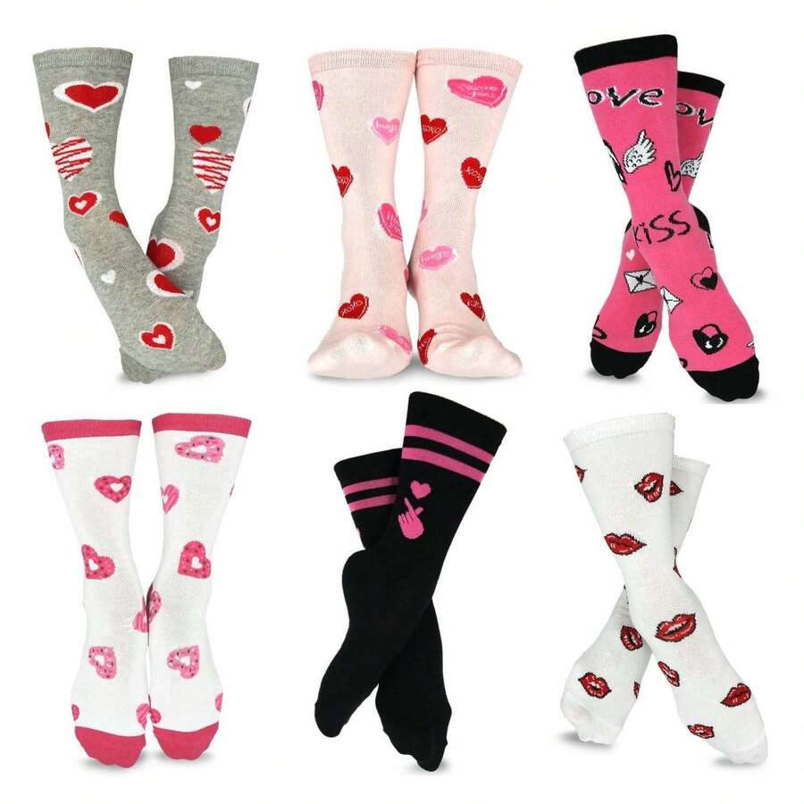 Valentine's Day Crew Socks For Women 6-Pair Pack - Heart & Love Designs - Soft Cotton- Women's 9-11 6-9 US Shoe Size - 如圖714 - 查看 1