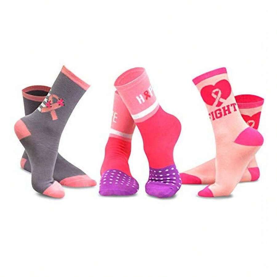 Breast Cancer Awareness Socks Women 3 Pairs Pink Ribbon Crew Socks - Soft Cotton Support Socks For Women - Gift Idea For Cancer Awareness - 如圖704 - 查看 1
