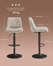 Juego de 2 Taburetes de Bar, Sillas Altas Giratorias Regulables en Altura, Sillas de Cocina con Respaldo y Reposapiés, Comedor, Mostrador, Acero, Blanco Crema - Blanco - Ver 5