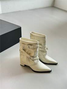 Bottines à talons hauts, talon épais, bout pointu, bottes courtes pour femmes, automne et hiver, nouvelles bottes à rivets avec boucle de ceinture et manches à la mode pour femmes - Noir - Voir 5