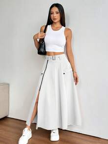 Saia feminina branca lisa, minimalista, casual e elegante, com bolso e zíper, para a primavera. - Branco - Ver 3