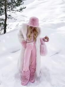 Faux Fur Snow Boots For Women Fuzzy Fluffy Furry Lace Up Mid Calf Boots Winter Warm Fur Boots For Christmas - Pink - View 5
