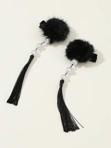 2个装女士黑色毛球仿珍珠流苏发夹，适合日常秋冬装扮，可作发夹、发卡、头饰等，女士发饰。 - 黑色 - 查看 5