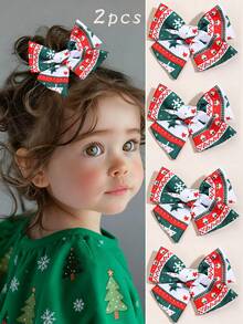 2PCS Christmas Green Bow Hair Clip For Girls, Christmas Tree Snowflake Print Bownot For Kid And Girls