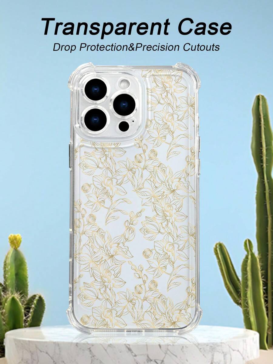 1PC Funda de teléfono con diseño floral dorado estilo minimalista elegante y funcional: funda transparente anticaídas, compatible con iPhone16/15/14/13/12/11/XS/XR/X/PLUS/PRO/PROMAX, agarre cómodo, regalo perfecto para amigos, novia, novio, familiares - transparente - Ver 1