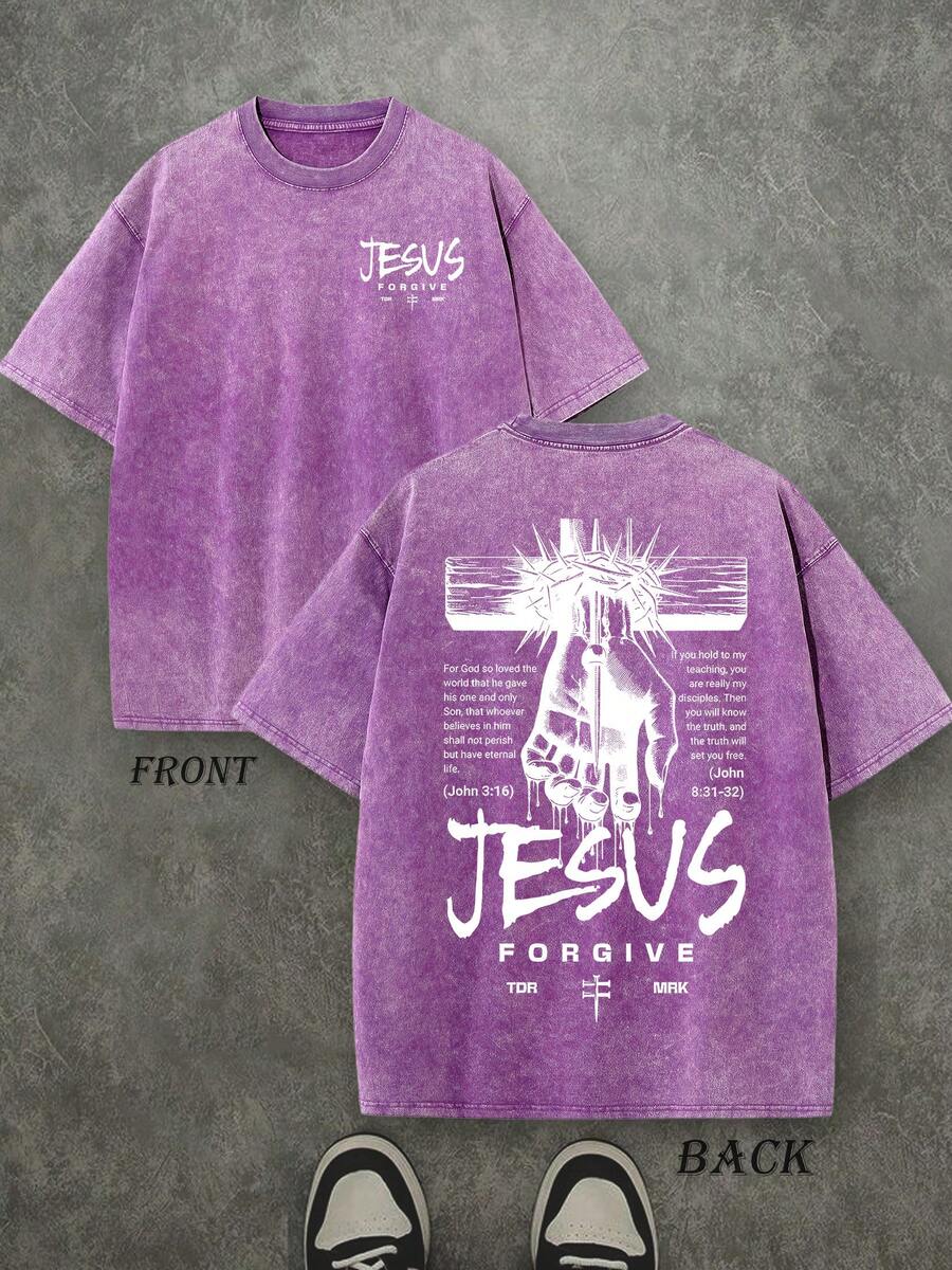 Retro Washed T-Shirt Double Sided Printed (230 Pure Cotton T-Shirt) 'JESUS FORGIVE'  Letter Print, Christian Gift, Men's T-Shirt, Men's Casual, Comfortable, Fashionable T-Shirt, Street Style Cotton - 紫丁香色 - 查看 1