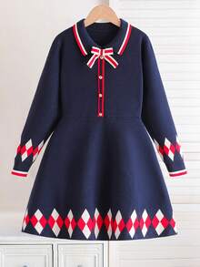 Girls' Collared Long Sleeve Sweater Dress, School Style - Navy Blue - View 1