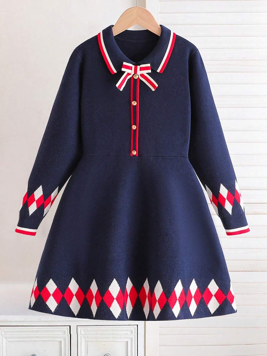 Girls' Collared Long Sleeve Sweater Dress, School Style - Navy Blue - View 1