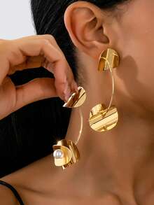 1 对时尚不对称几何金属金吊坠耳环，适合女性日常和派对装扮 - 金黃色 - 查看 7