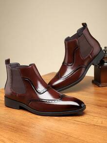 Giày bốt Chelsea đế mềm cổ cao cổ Brogue khắc hoa dành cho nam, phong cách công sở mới, kiểu Anh - Màu Đỏ Sâu - Xem 3
