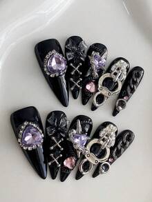 10-Piece Pressing Almond Long Nails, Fake Nails, Dark Punk Black Background Nail Art DIY Pattern Design Three-Dimensional Purple Love Diamond, Three-Dimensional Bow Ornament Silver Chain Black Nails Removable And Reusable Nail Supplies, Nail Powder, Nail Glitter Is Suitable For Girls And Ladies In Weddings, Stages, Dances, And Party Scenes,Gift Nail Tools