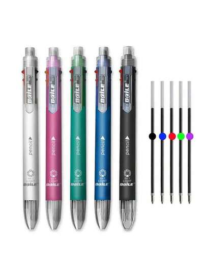 Bộ 1 bút bi nhiều màu, 5 bút chì bấm cỡ vừa và 1 bút chì bấm tự động, có tẩy, dùng cho văn phòng phẩm trường học, 5 bút bi cỡ vừa và 1 bút chì bấm tự động nhiều màu, tiện lợi cho việc viết, 5 bút bi cỡ vừa 0.7 mm + 0.5 mm bút chì bấm tự động bằng nhựa, 6 bút bi cỡ vừa và 1 bút chì, nhiều màu sắc