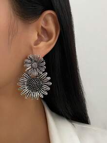 Set de 2 piezas de aretes con colgante de girasol 3D estilo bohemio, joyería elegante y glamorosa para uso diario o fiestas, regalo de joyas para mujeres