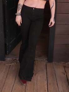 Pantalones vaqueros de mujer para primavera y verano, de talle alto con parche de estrella, pantalones acampanados de denim ajustados - Negro - Ver 3