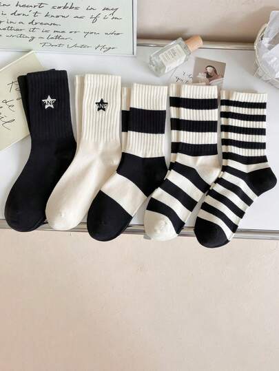 5/10 Pairs Retro Style Striped Socks, Crew Socks For Women, Athletic Quarter Calf Socks